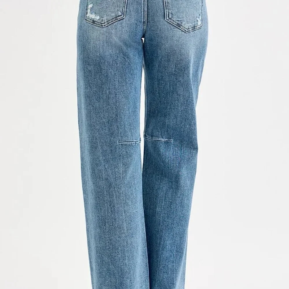 RISEN Full Size‎ Mid Rise Fit Wide Baggy Leg Tie Washed Jeans Plus Size